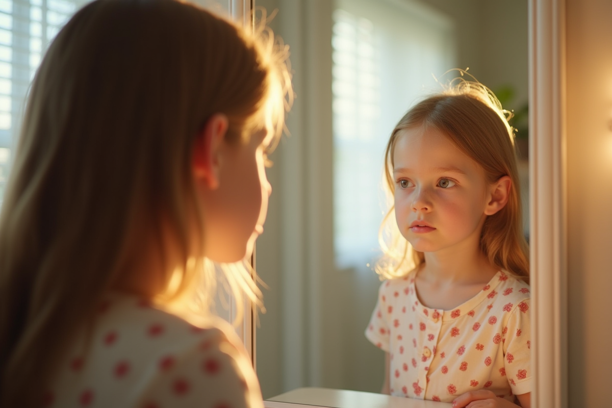Fille de 9 ans se regardant dans le miroir du matin
