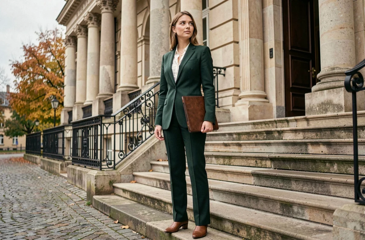 Jeune femme ambitieuse devant un bâtiment institutionnel européen, illustration des enfants de personnalités politiques françaises