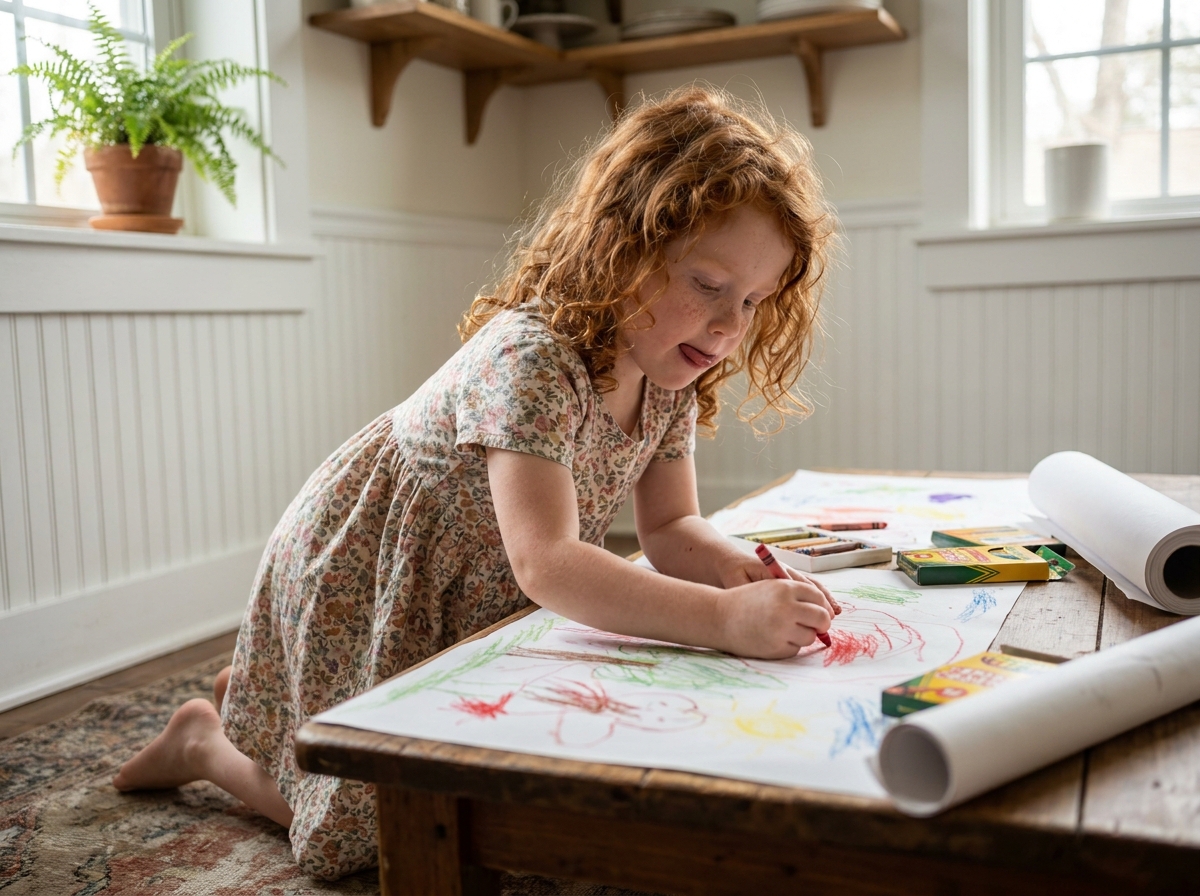 Fillette de 5 ans concentrée sur un dessin avec des crayons de couleur à une table en bois, activité créative sans écran