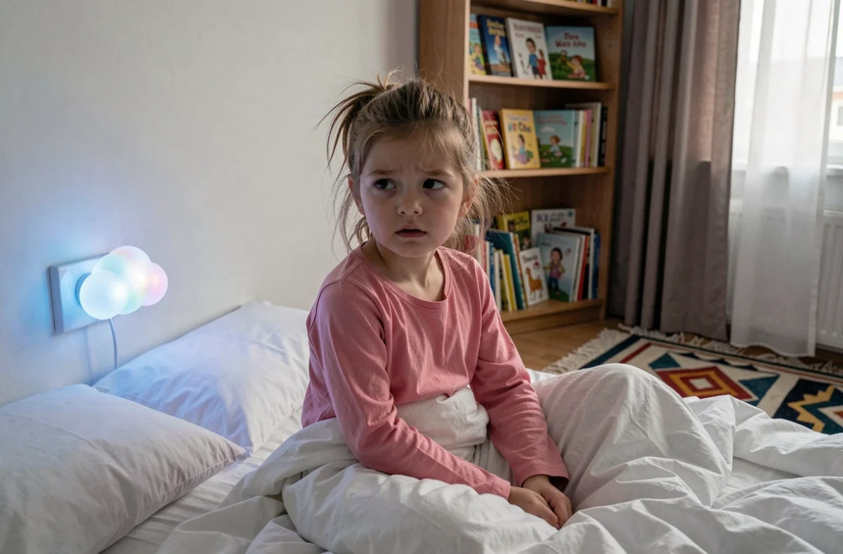 Fillette fatiguée assise dans son lit la nuit avec une veilleuse LED colorée allumée, illustrant les perturbations du sommeil liées à la lumière chez les enfants