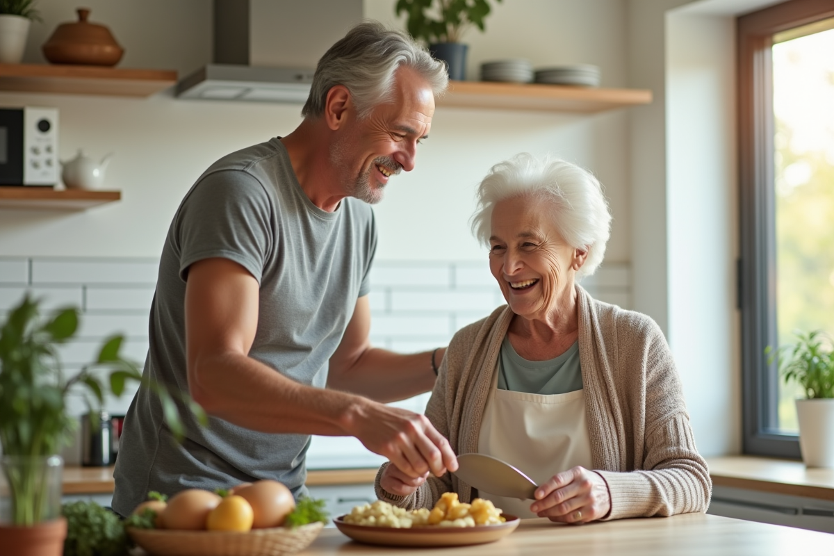 Fils aidant sa mère à la cuisine lumineuse