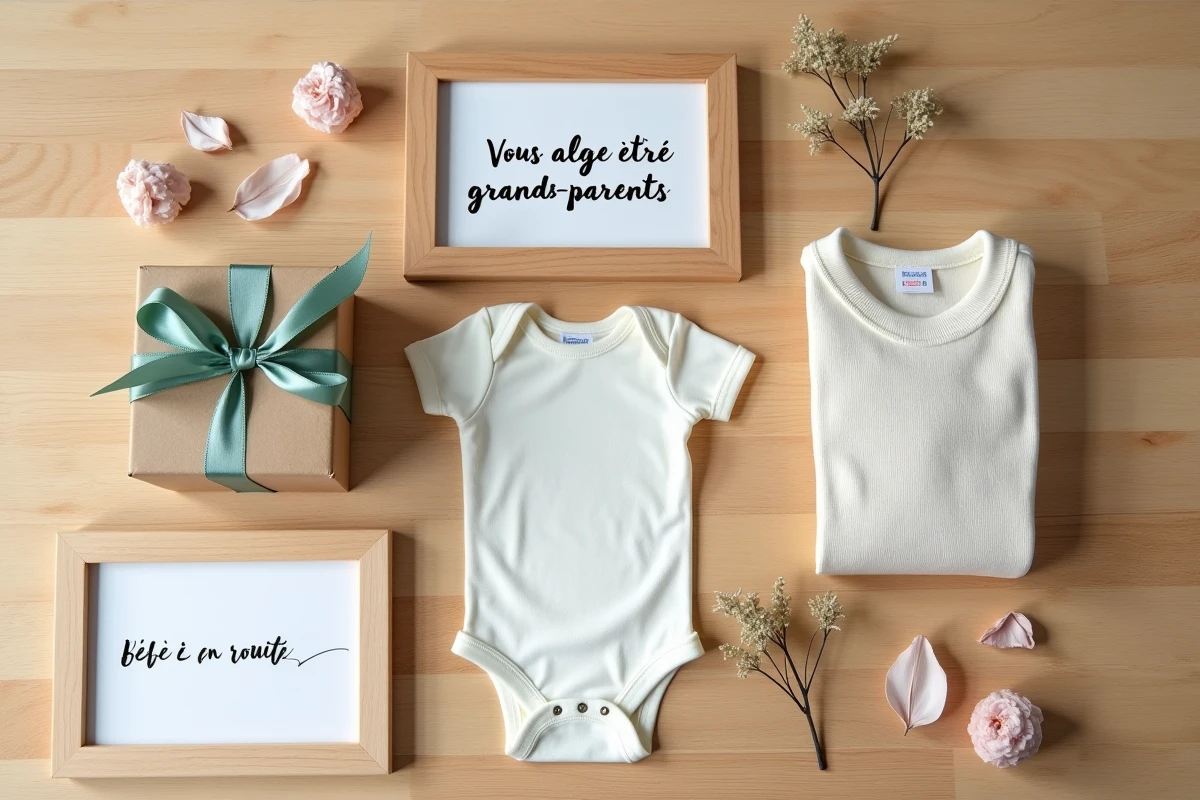 Flat lay de cadeaux et accessoires pour annoncer une grossesse aux grands-parents de façon originale