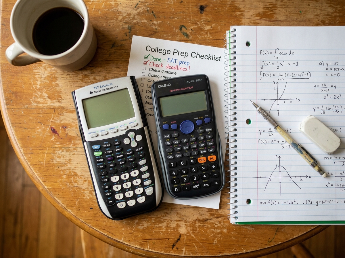 Vue du dessus de deux calculatrices scientifiques et fournitures scolaires sur une table en bois