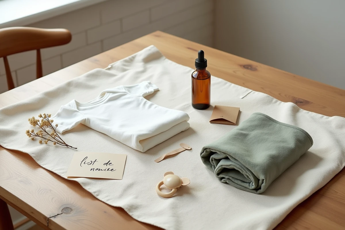 Flat lay minimaliste d'une liste de naissance avec quelques objets essentiels pour nouveau-né sur une nappe en lin texturée