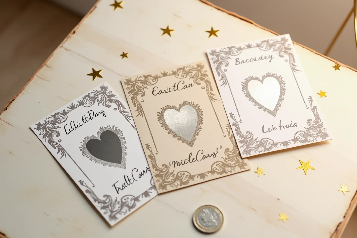 Vue aérienne de jeux à gratter personnalisés avec confettis dorés sur une table en bois, idée cadeau originale