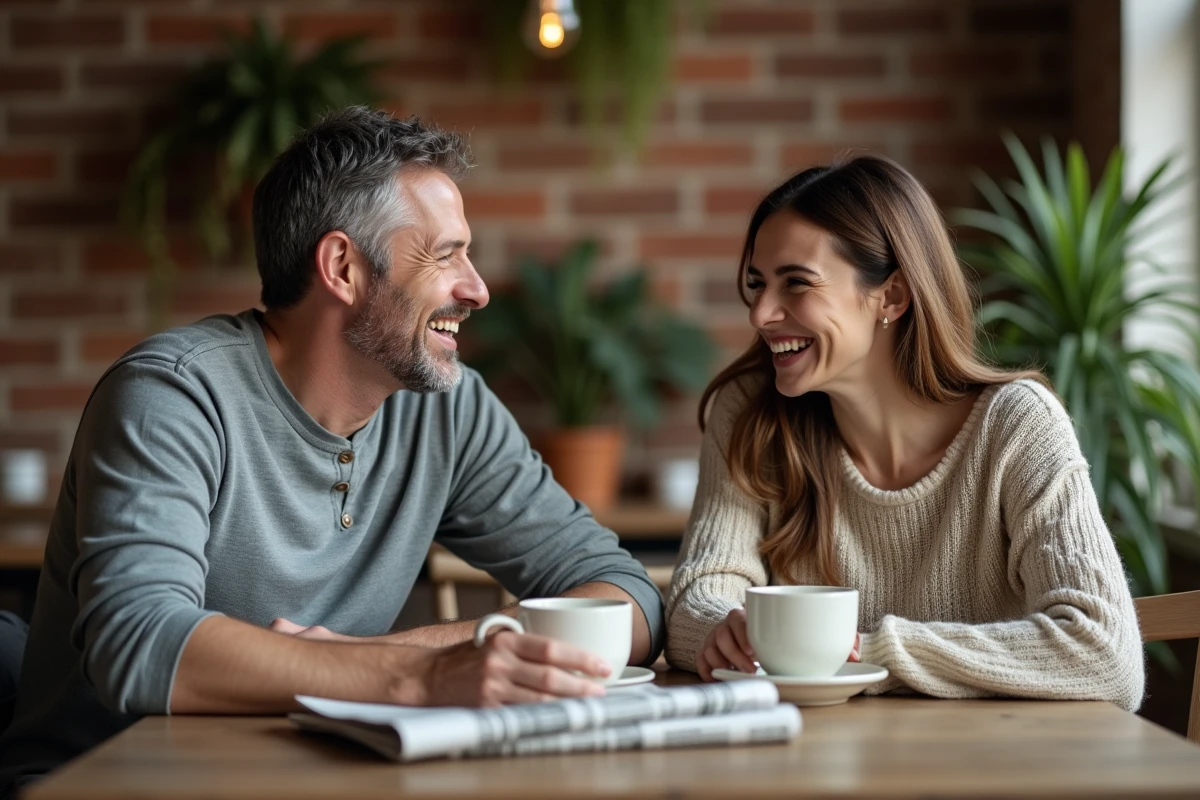 Frère et sœur aux traits similaires partageant un moment complice dans un café, évoquant le lien entre jumeaux