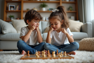 Deux freres jouent à un jeu de société dans le salon familial