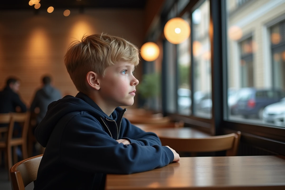 Garçon preteen assis à une table de café regardant par la fenêtre