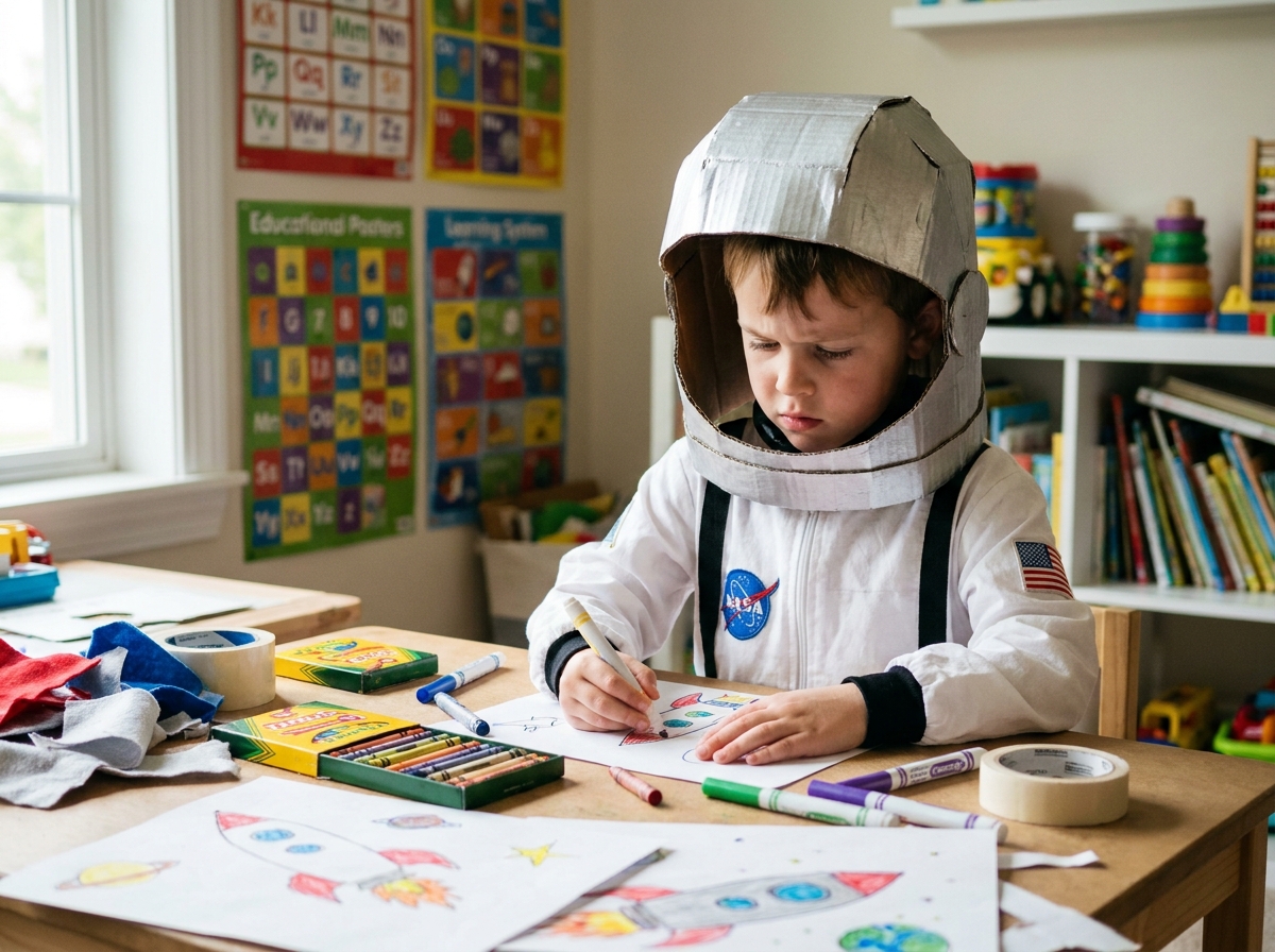 Jeune garçon déguisé en astronaute dessinant une fusée, illustrant l'impact des costumes sur la créativité et l'expression artistique des enfants