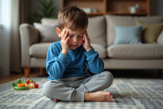 Garçon de 4 ans pleurant sur le tapis du salon