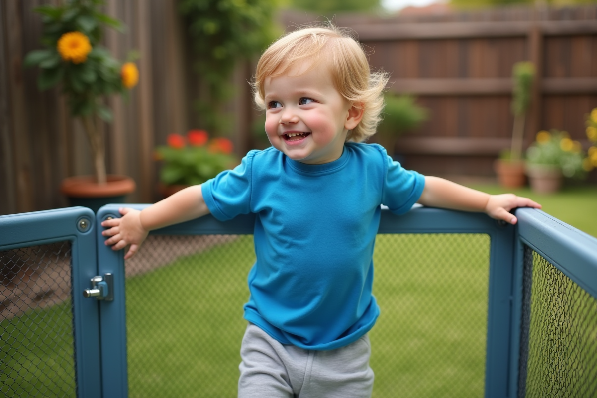 Jeune garçon joue dans un jardin extérieur en toute sécurité