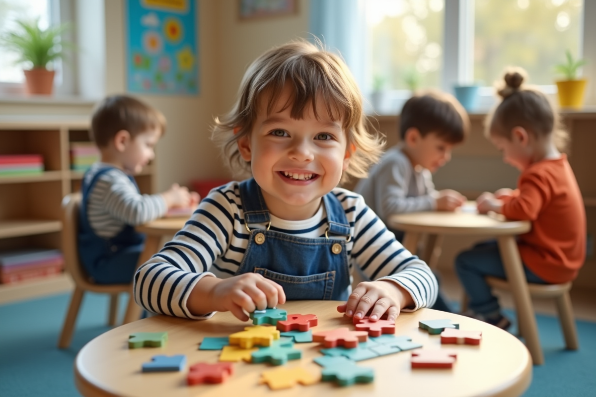 Garçon souriant jouant avec un puzzle dans une salle de jeux lumineuse