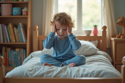 Garçon en pyjama bleu fatigué dans sa chambre