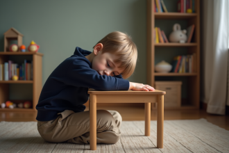 Garçon de cinq ans triste dans un salon ordinaire