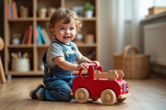Garçon de 4 ans jouant avec un camion de pompiers en bois