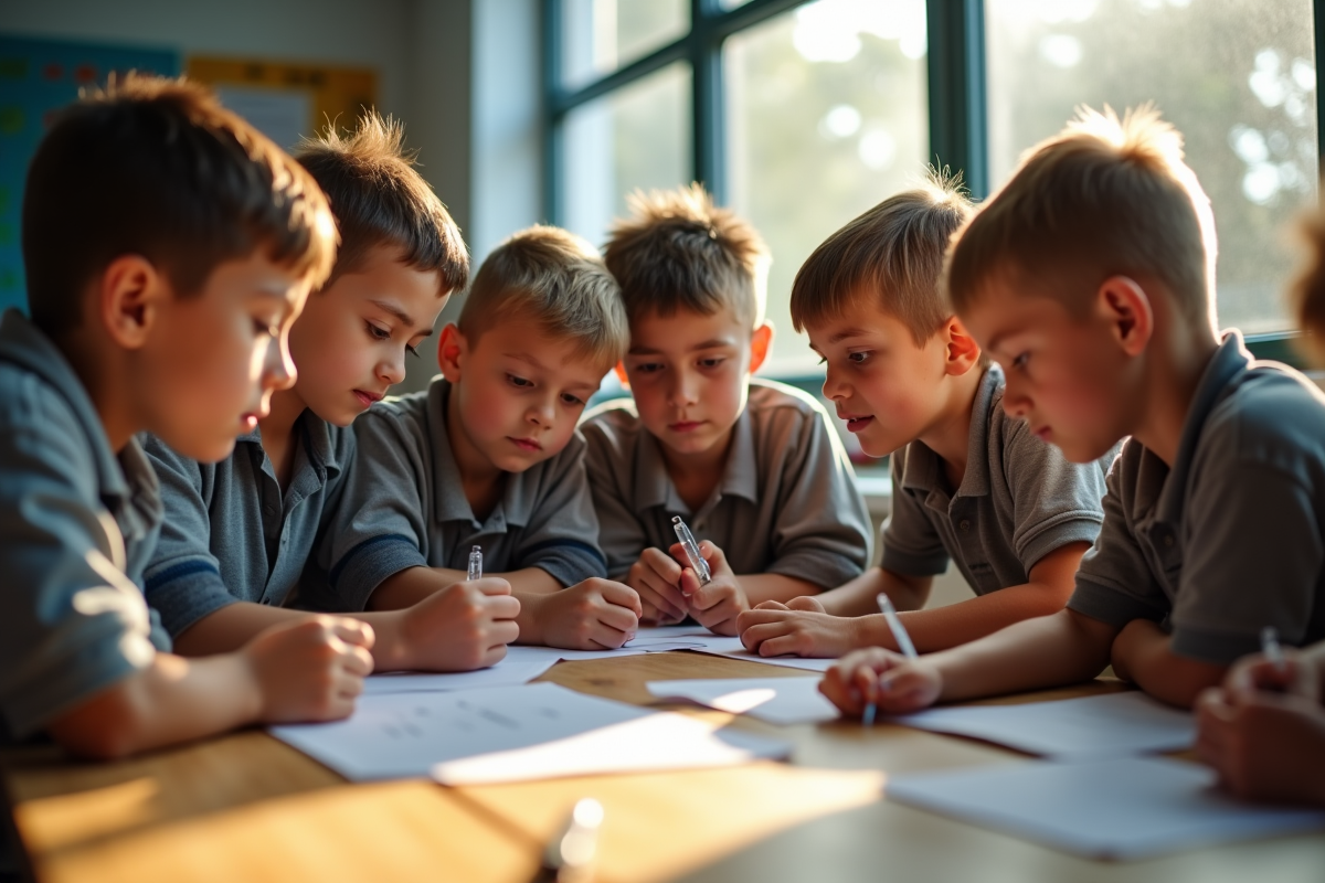 Groupe de garçons de 8 ans en classe travaillant sur un projet scientifique