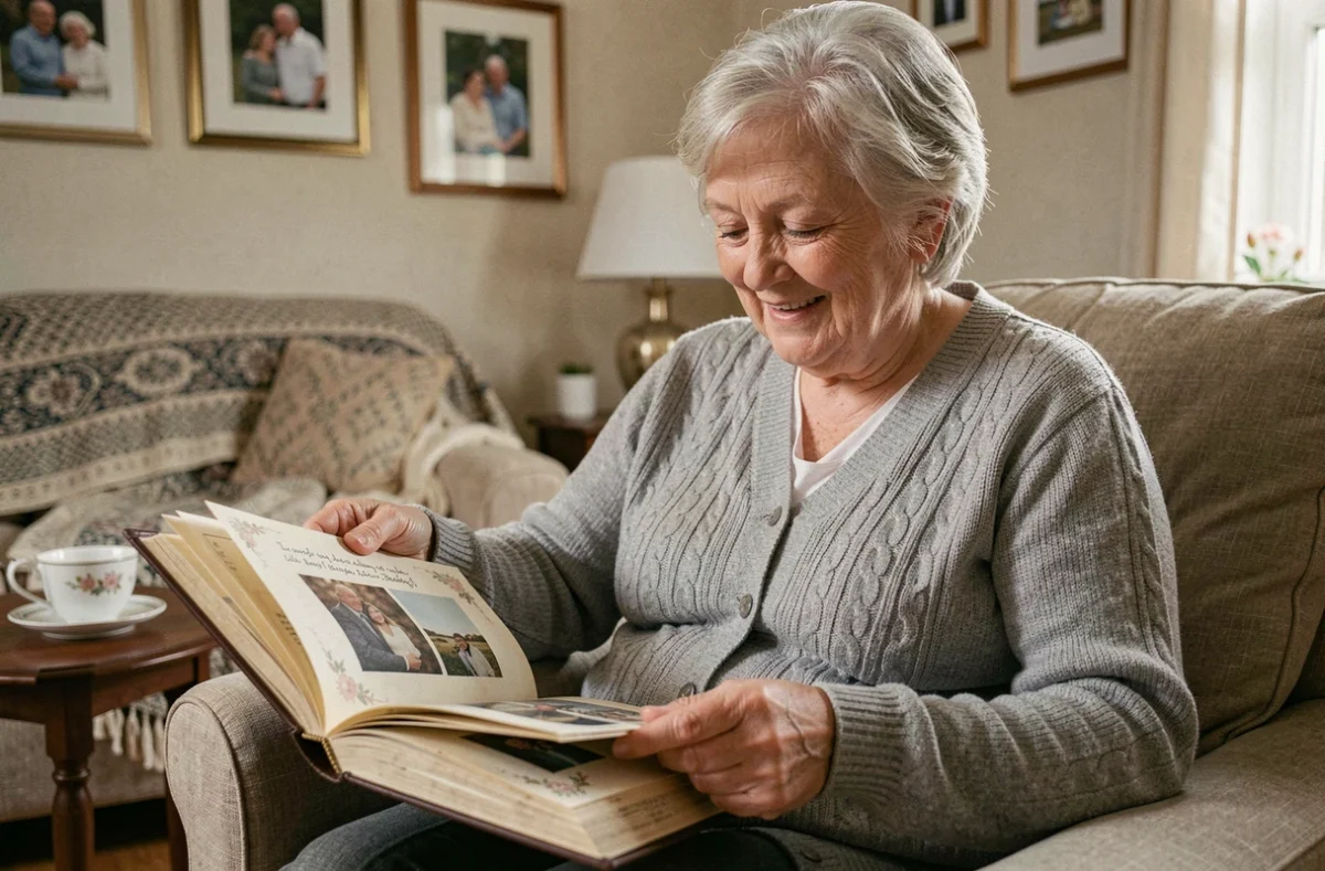 Grand-mère souriante feuilletant un album photo de famille avec des citations d'enfance manuscrites