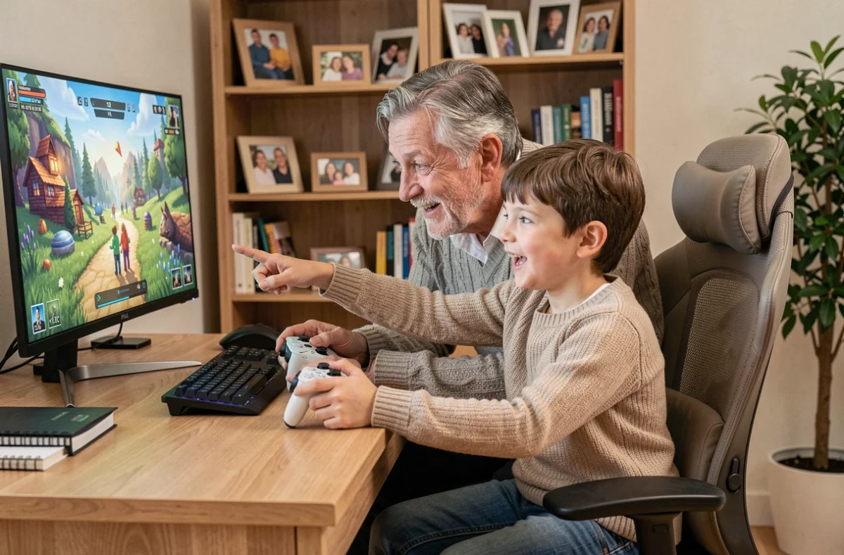 Grand-père et petit-enfant jouant ensemble à un jeu PS5 coopératif devant un écran dans un coin gaming à domicile