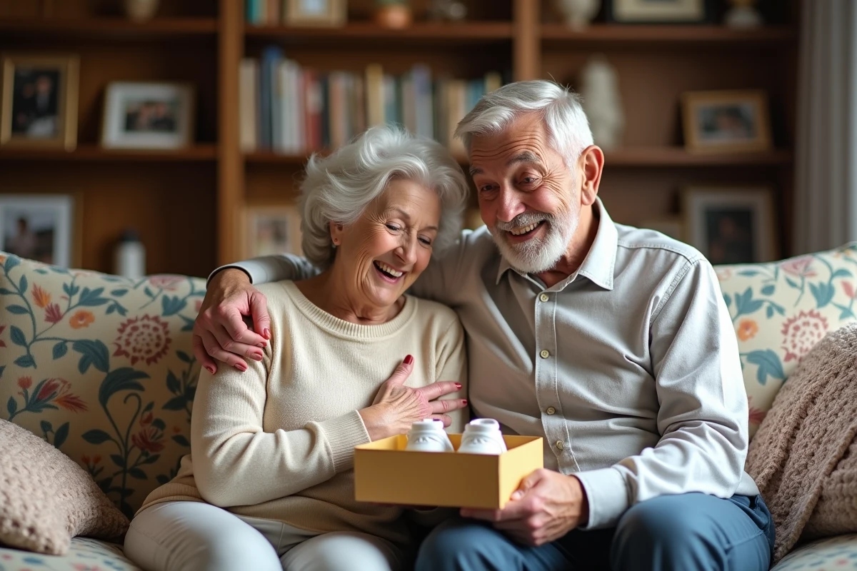 Grands-parents découvrant avec émotion un cadeau révélant l'annonce d'une grossesse surprise