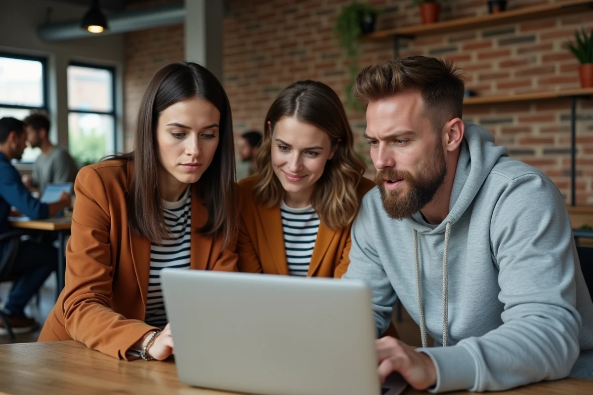 Groupe de personnes regardant un écran d'ordinateur portable avec curiosité dans un espace de coworking, symbolisant l'intérêt des internautes pour la vie privée d'une célébrité