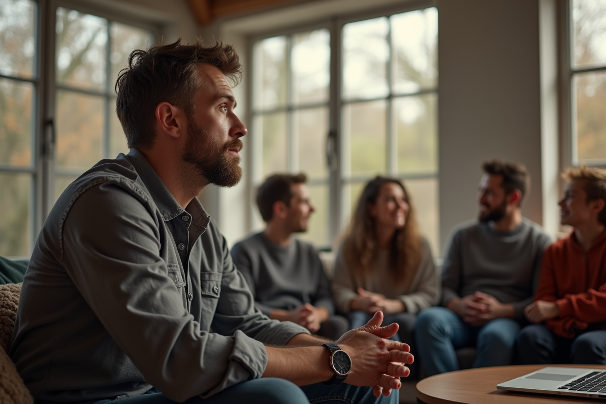 Groupe divers en discussion dans un salon moderne