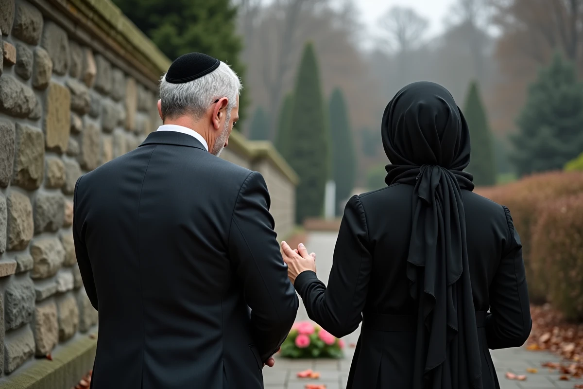 Couple recueillis en signe de respect lors d'un hommage funèbre dans un jardin commémoratif