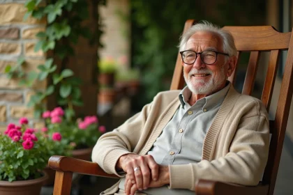 Portrait émouvant d'un grand-père bienveillant assis dans un rocking-chair en bois sur une véranda fleurie