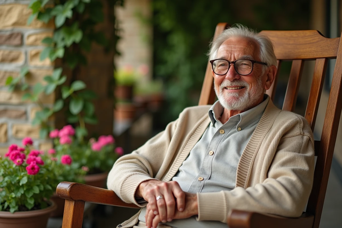 Portrait émouvant d'un grand-père bienveillant assis dans un rocking-chair en bois sur une véranda fleurie