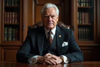 Homme d'autorite assis dans une bibliothèque ancienne