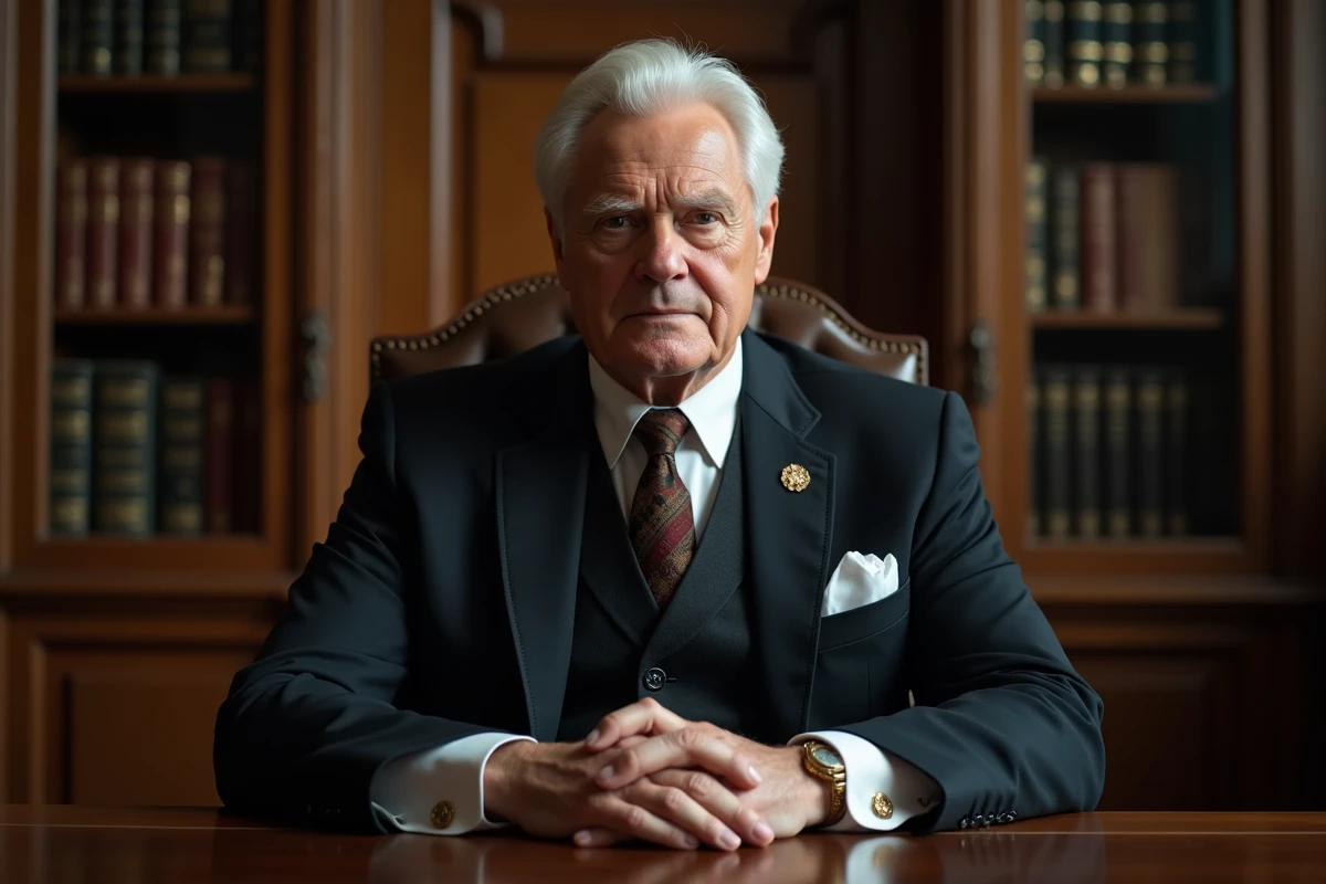 Homme d'autorite assis dans une bibliothèque ancienne