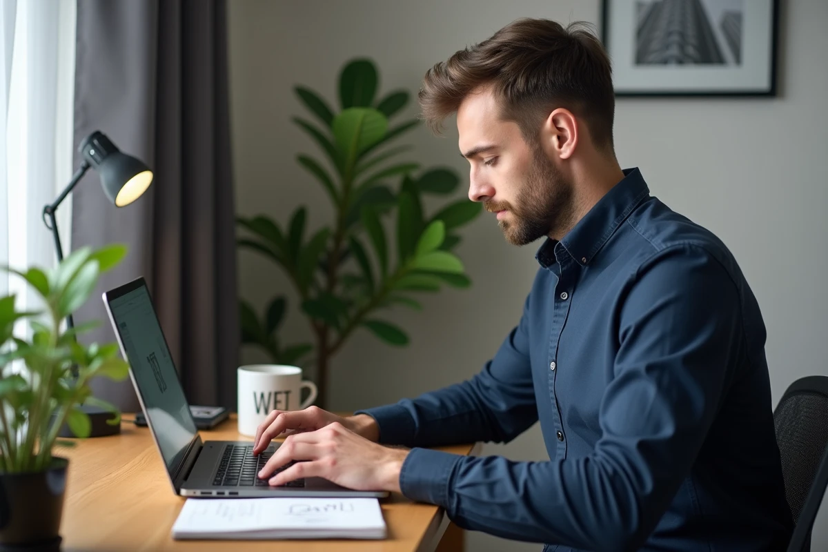 Homme en télétravail rédigeant une demande de renouvellement de congé parental sur ordinateur portable