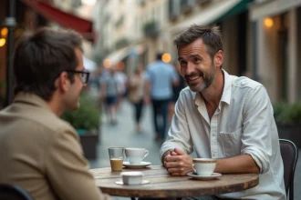 Homme pensif à une terrasse de café gardant une conversation discrète sur sa compagne, regard réfléchi et posture détendue