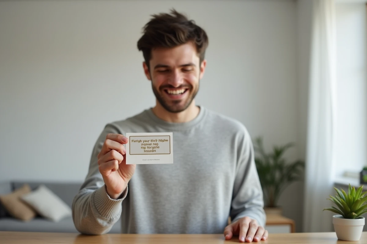 Homme tenant un jeu à gratter personnalisé avec message surprise dans un appartement minimaliste