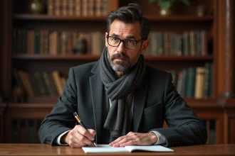 Homme pensif dans une bibliothèque chaleureuse