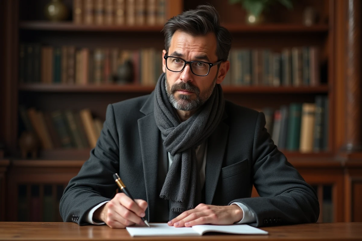 Homme pensif dans une bibliothèque chaleureuse