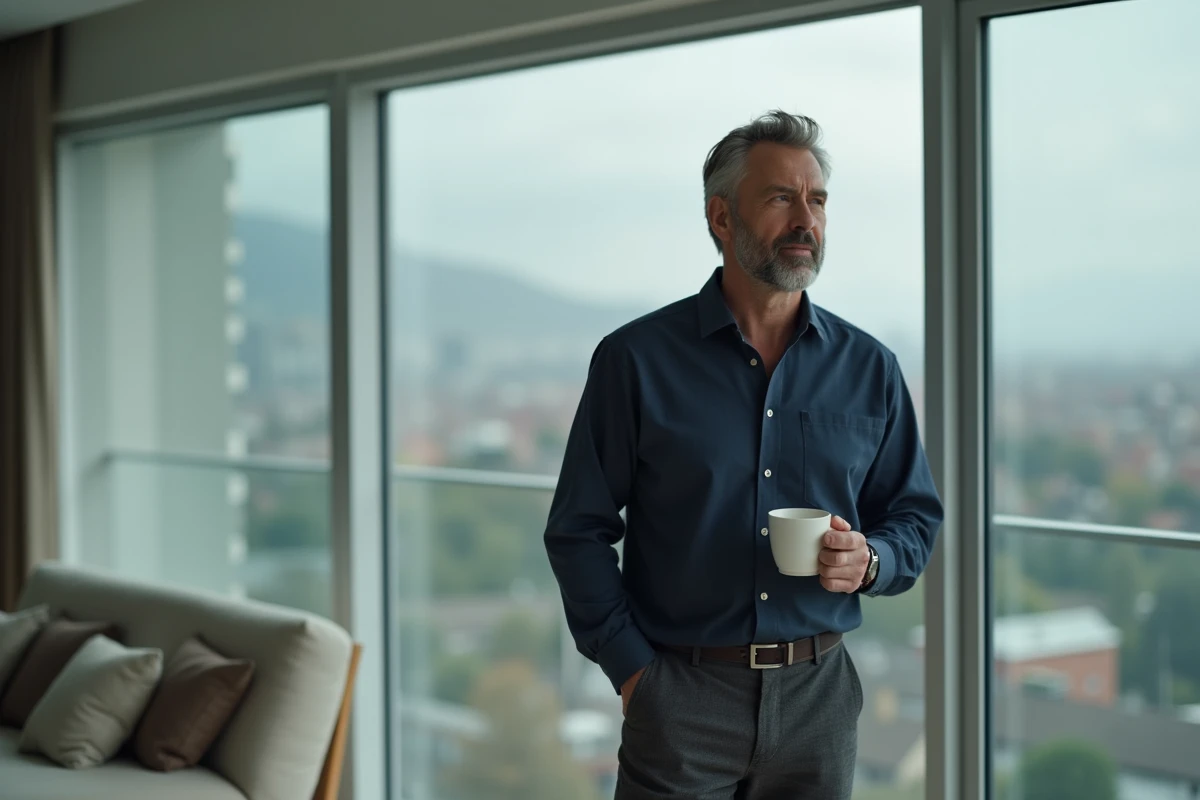 Homme discret et élégant dans un appartement moderne regardant par la fenêtre, évoquant le mystère autour du conjoint d'une personnalité publique