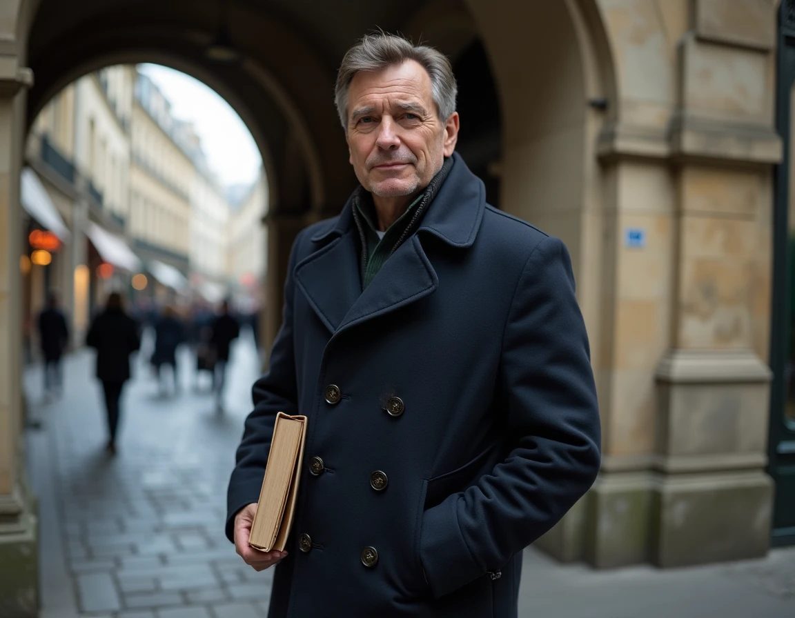 Homme mystérieux dans une ruelle parisienne, évoquant la curiosité autour du mari discret d'une personnalité publique
