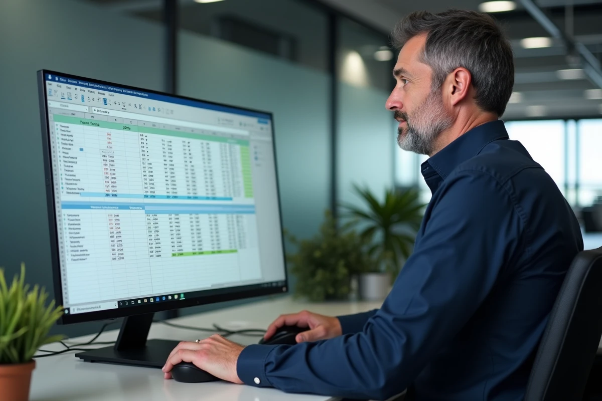 Homme en open space devant un écran Excel affichant un calendrier 2026 avec numéros de semaines paires et impaires