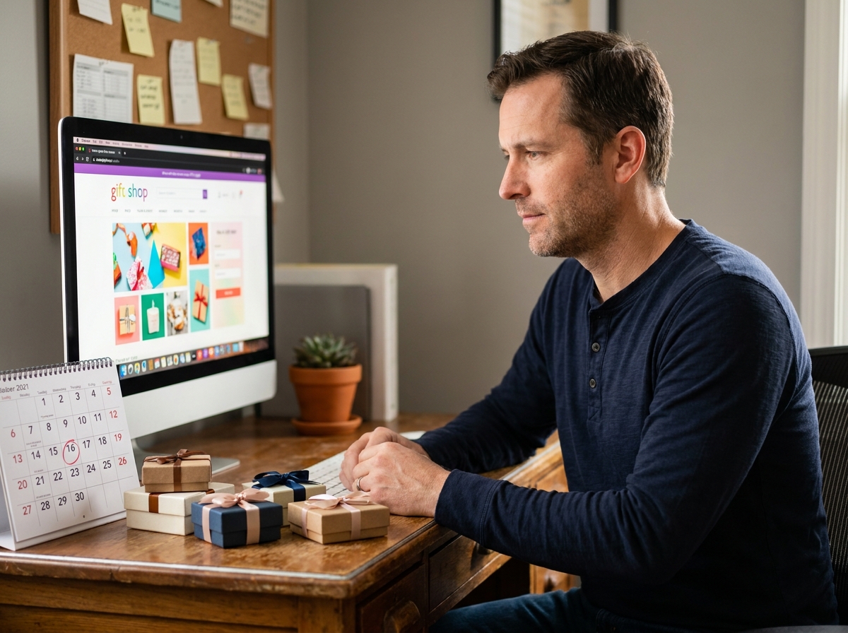 Homme organisant les cadeaux d'anniversaire de la famille depuis son bureau à domicile avec un site de cadeaux en ligne