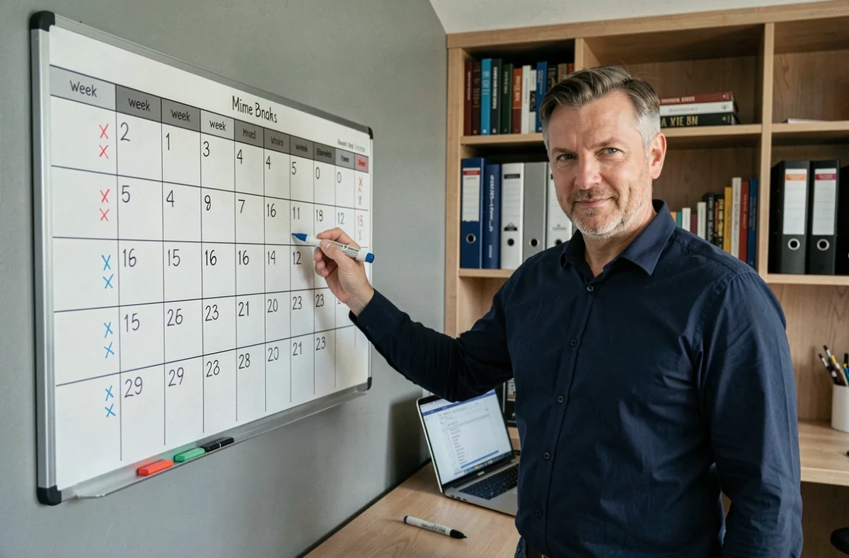 Père organisant le planning semaine paire impaire 2026 sur un tableau blanc dans un bureau à domicile
