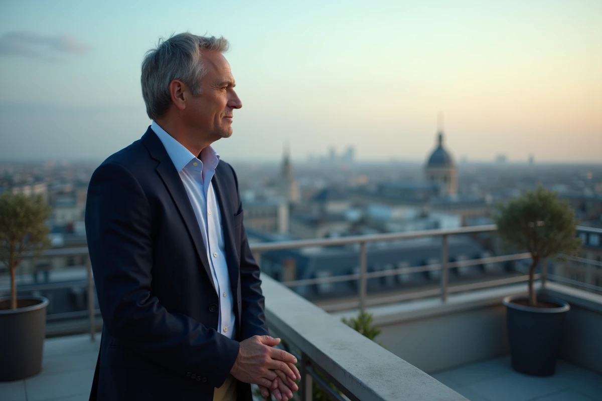 Un homme en blazer marine seul sur un toit de Paris, regard pensif vers l'horizon urbain, illustrant la solitude et la réflexion après une séparation