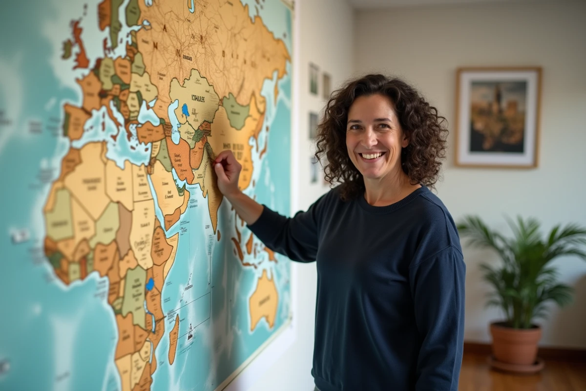 Femme montrant sur une carte du monde les influences culturelles américaines et israéliennes du prénom Noah