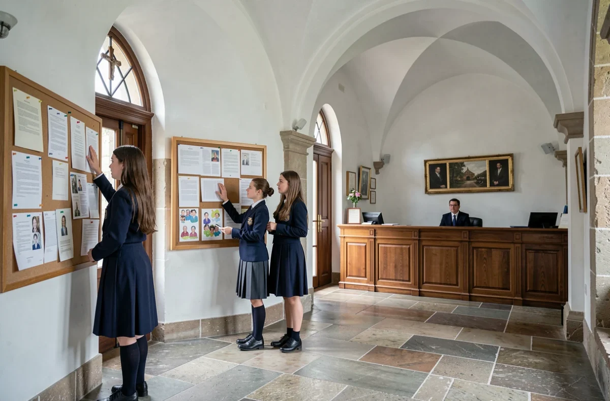 Hall d'entrée de l'institution Saint-Joseph-de-l'Apparition à Pau avec deux élèves consultant le panneau d'affichage