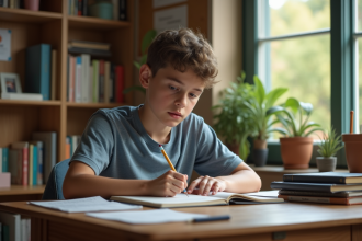 Jeune adolescent concentré à son bureau dans une étude maison