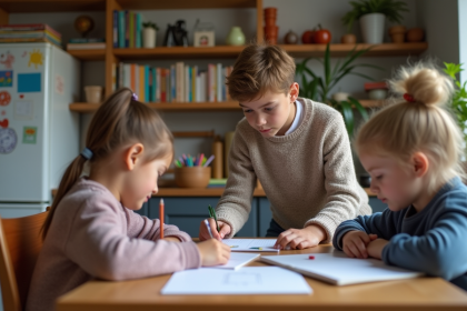 Adolescent aidant ses frères et sœurs à la maison