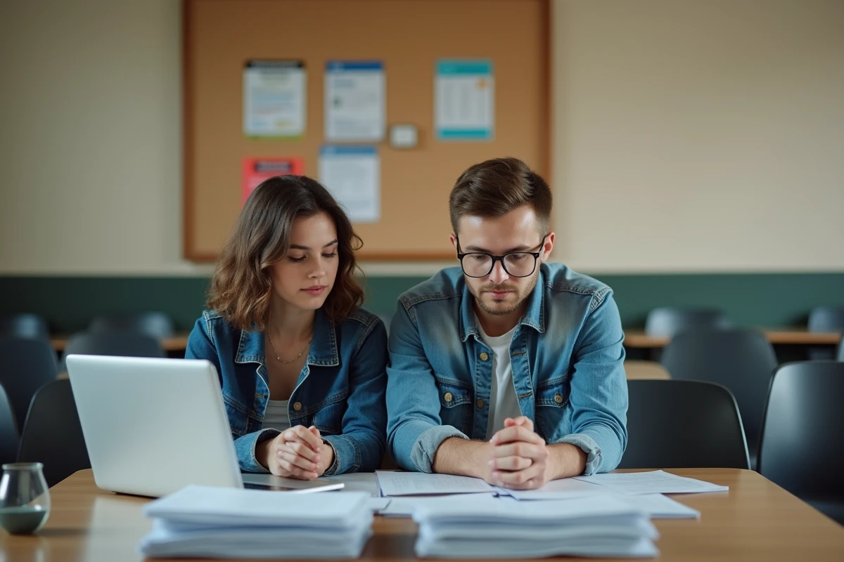 Jeune couple lisant des formulaires dans une salle d