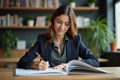 Jeune entrepreneure lisant un magazine d'affaires dans un bureau moderne