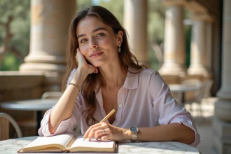 Jeune femme méditerranéenne écrivant des noms grecs dans un carnet