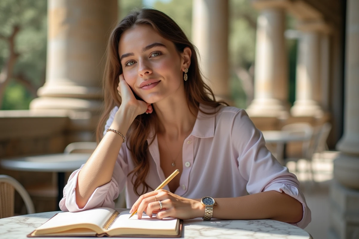 Jeune femme méditerranéenne écrivant des noms grecs dans un carnet