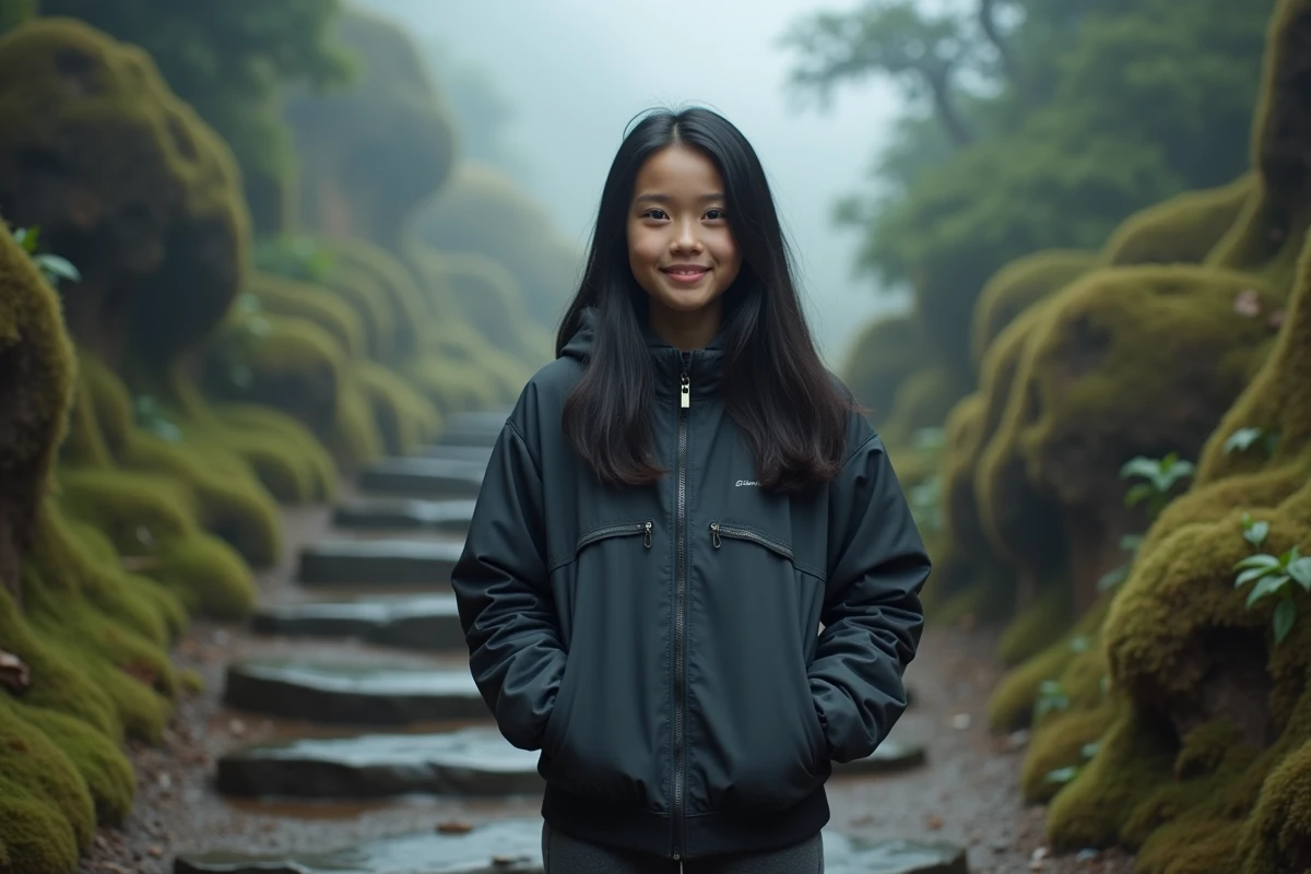 Jeune fille confiante sur un sentier de montagne brumeux